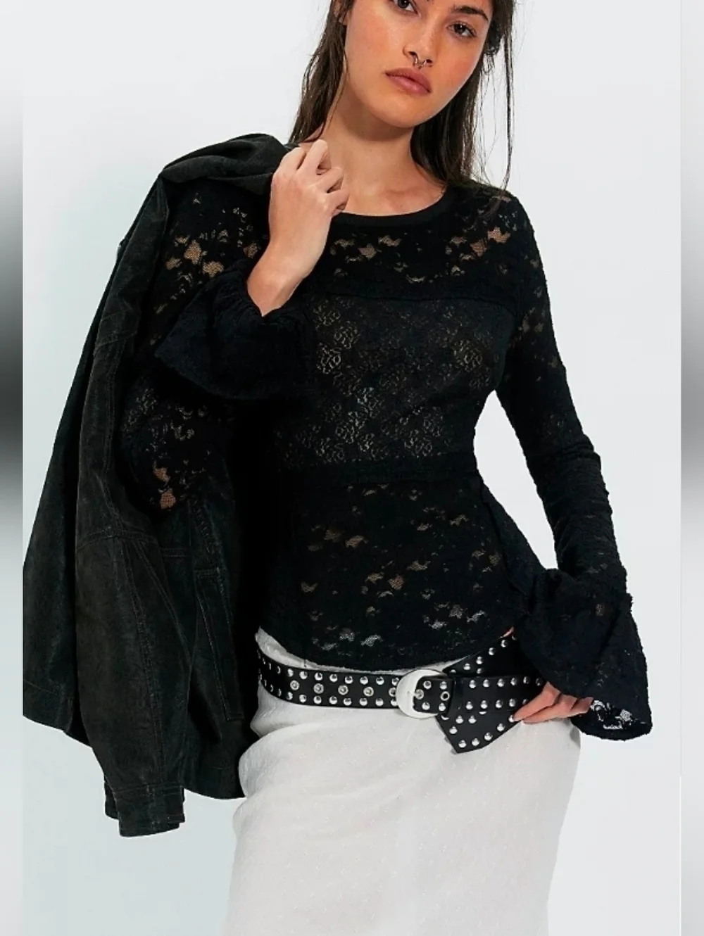 Free People Black Sheer Lace Long Sleeve Flared Cuffed Top